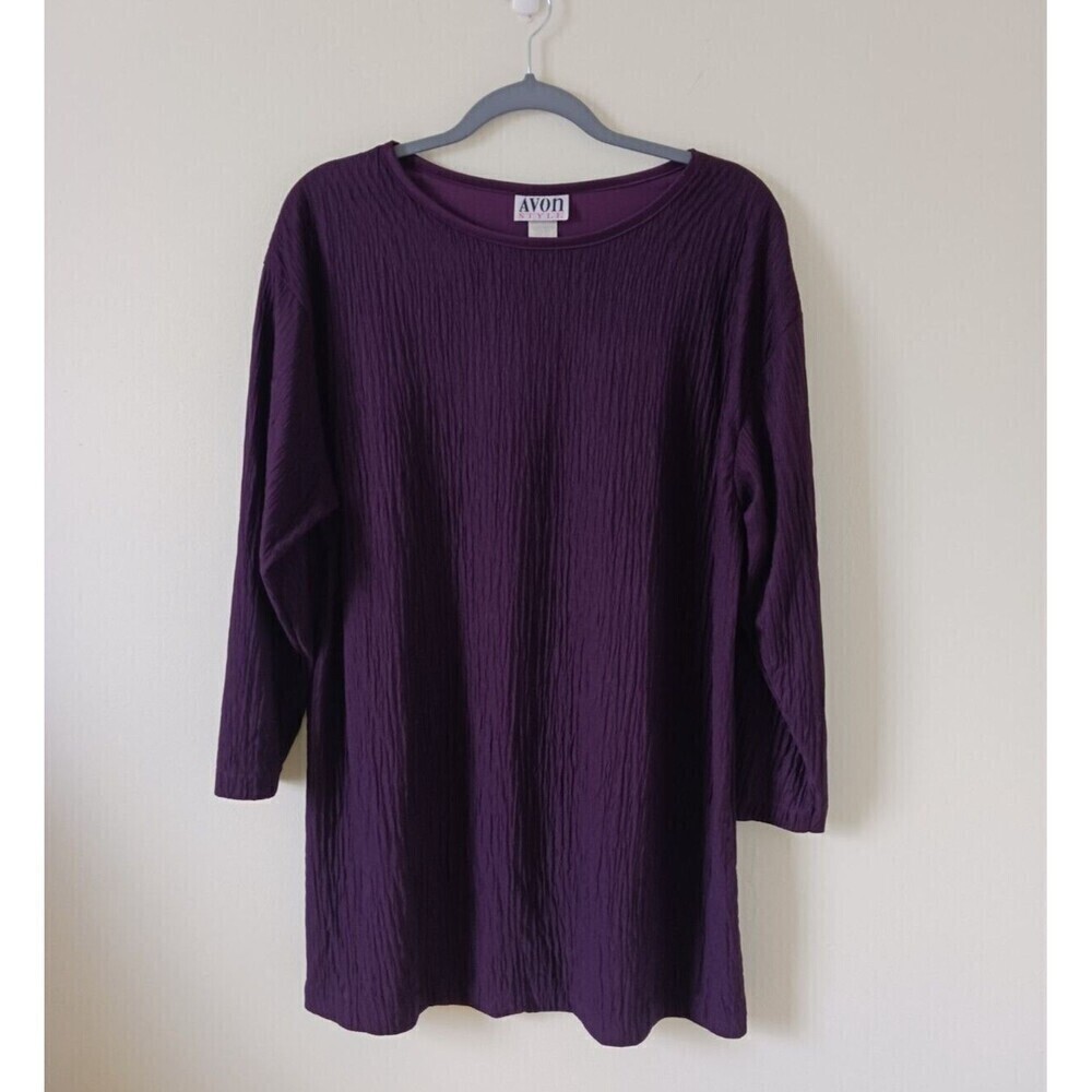 Vintage Avon Womens Crinkle Top Purple Scoop Neck 3/4 Sleeve Size‎ M